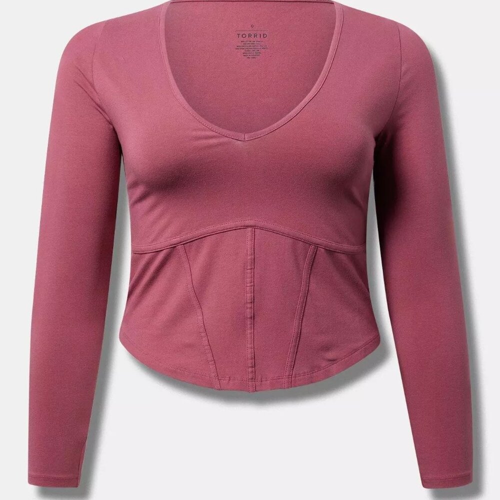 Torrid Top 0X Large Maroon Foxy Corset Inspired Crop Long Sleeve Tee Plus NWT